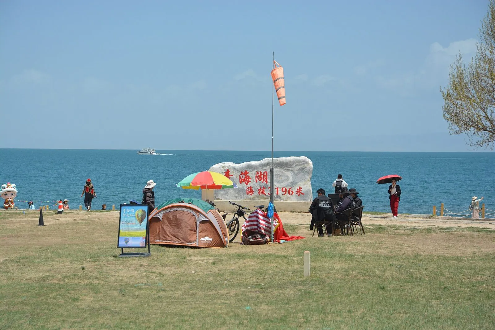 Qinghai Lake shore with grassland and distant snow peaks under a wide sky